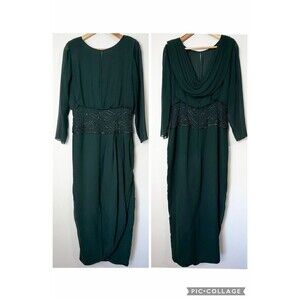 A.J. Bari Silk Dress Green Draped Back Beaded Waist Women’s 10